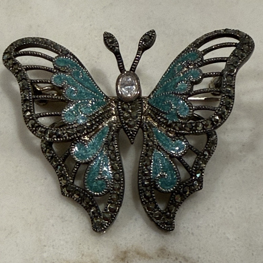 Vintage 925 Sterling Silver Judith Jack Enamel Marcasite Butterfly Brooch